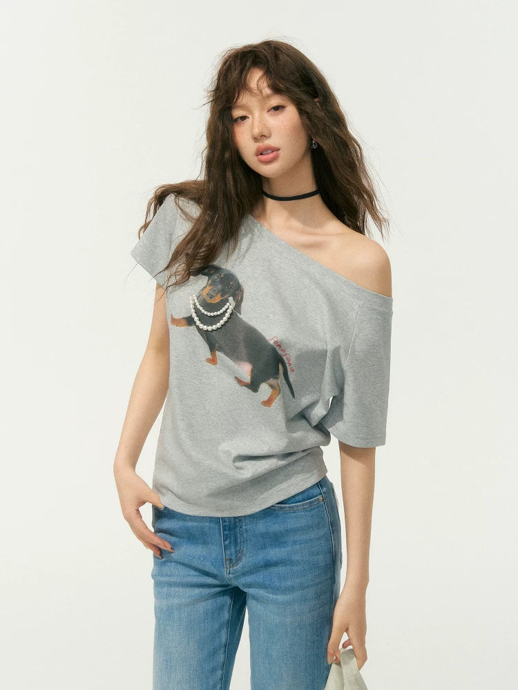 Pearl Embellished Dachshund Off-Shoulder T-Shirt