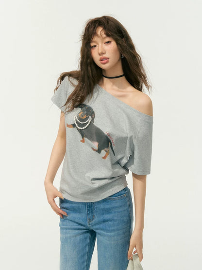 Pearl Embellished Dachshund Off-Shoulder T-Shirt