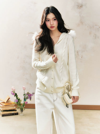 White Hooded Sweater Inner Fitted Knit Cardigan