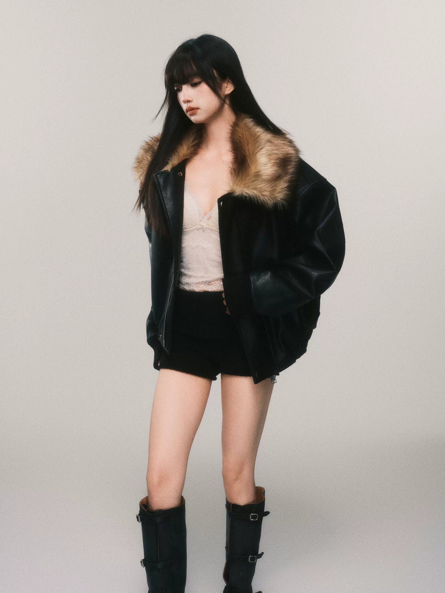 Faux Fur Collar Padded PU Biker Jacket