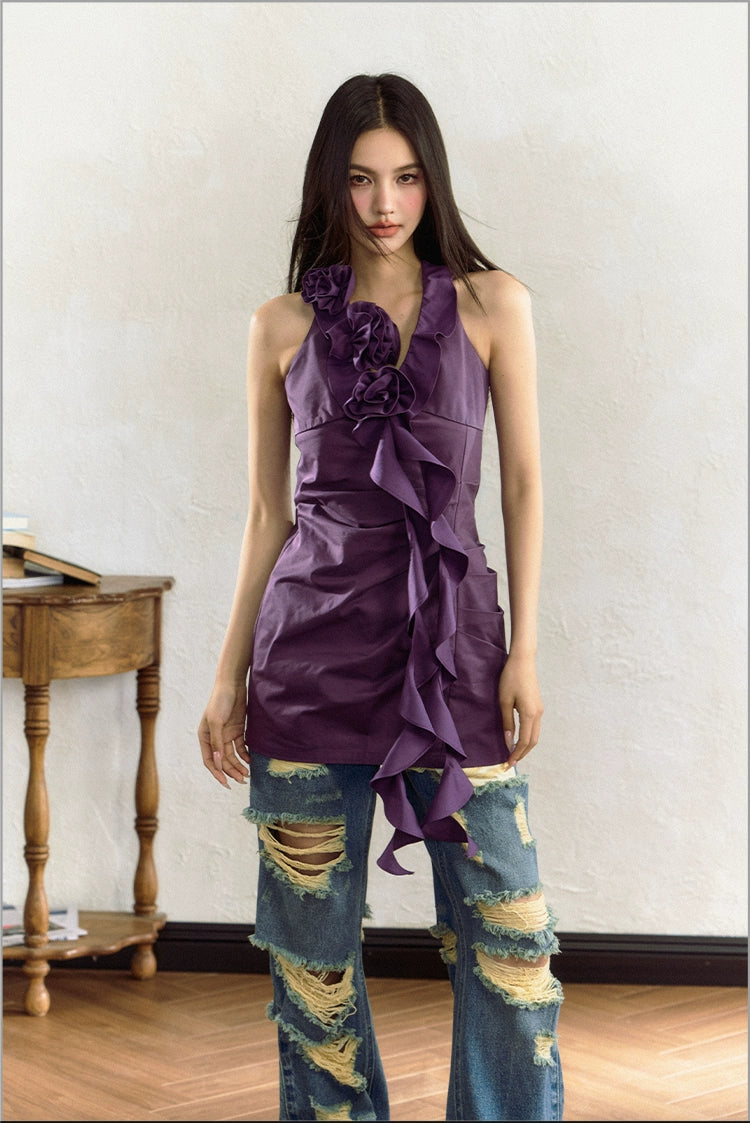 Purple Rose Ruffle Trim Sleeveless Dress - CHINASQUAD