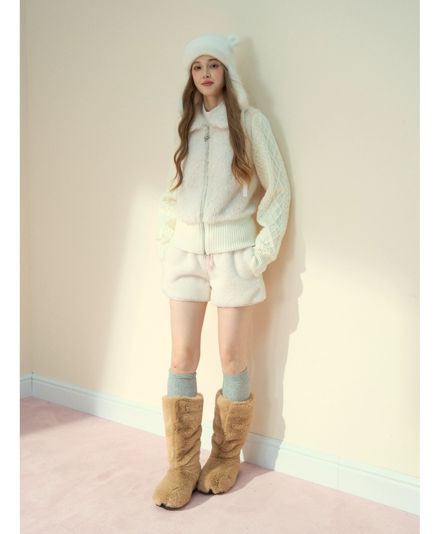 Snowland Lover Faux Fur Knit Panel Jacket