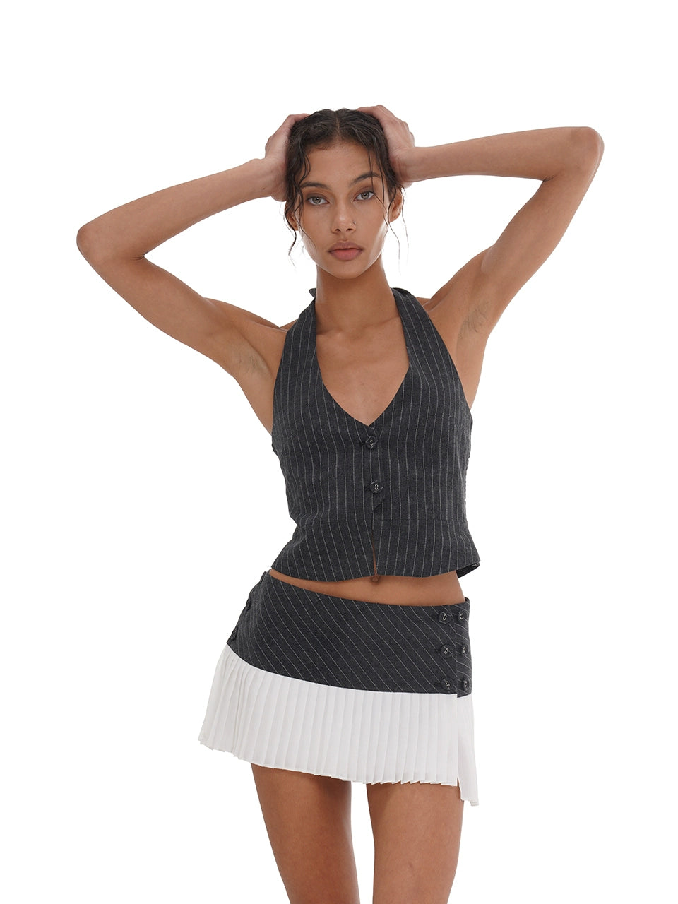 Grey Pinstriped Halter Vest Top &amp; Skirt Set