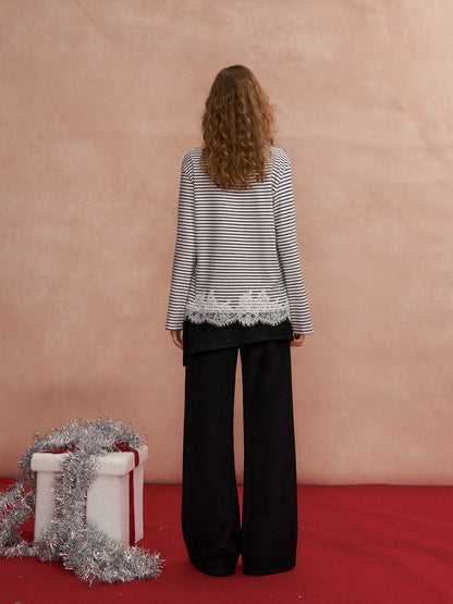 Lace-Panel Fuzzy Ribbed Long-Sleeve Tee