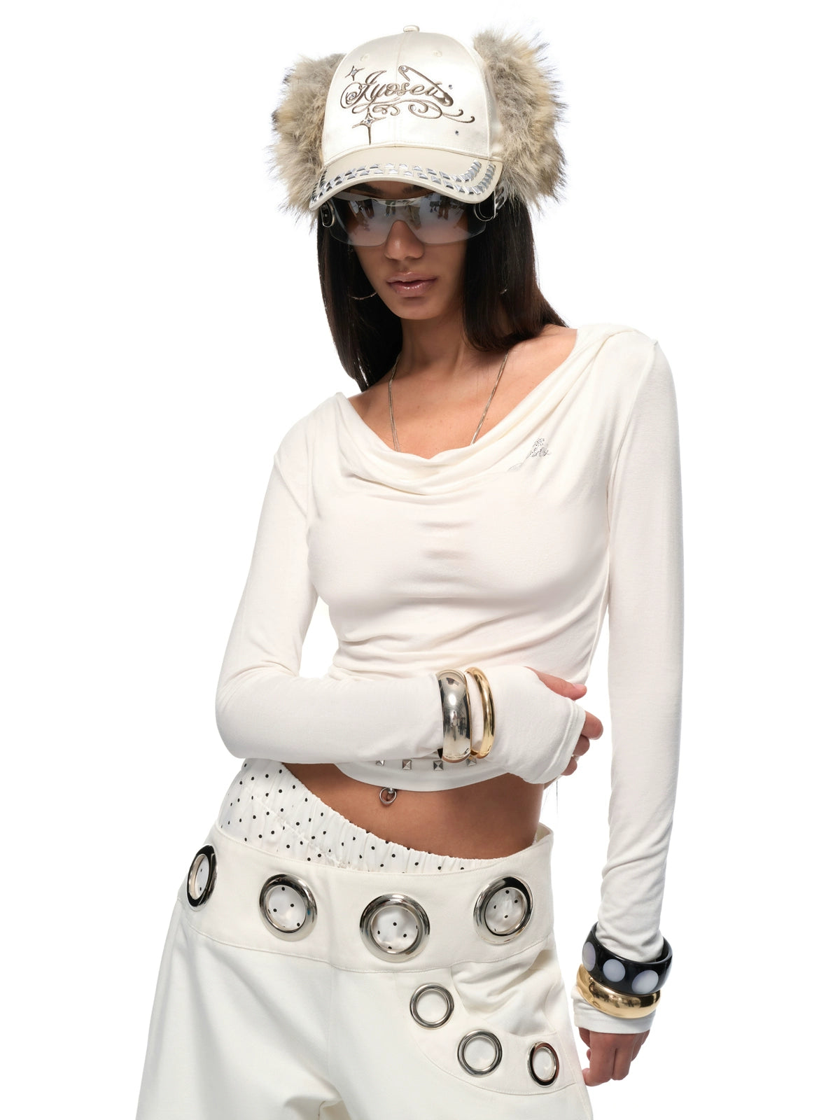 Long-Sleeve Studded Rhinestone Fitted T-Shirt