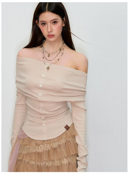 Off-Shoulder Long-Sleeve Knit T-Shirt