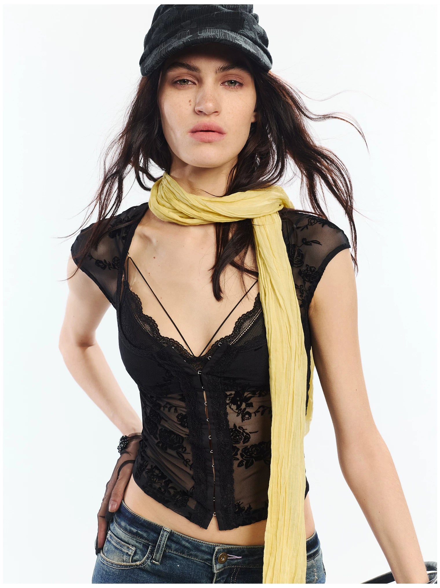 Flocked Floral Lace Flutter Sleeve Fitted Two-Piece Set