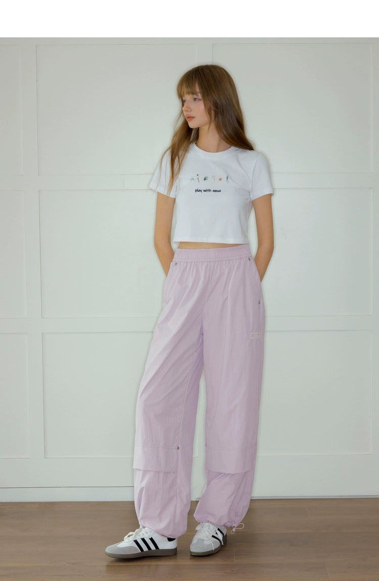 White &amp; Pinkish-purple Drawstring Wide-leg Pants