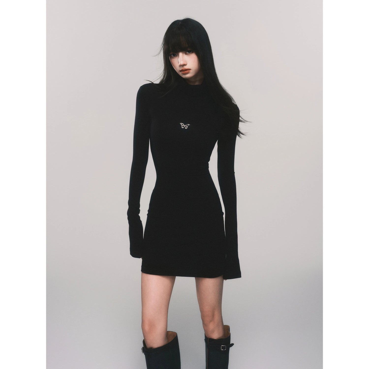 Slim-Fit Turtleneck Flared-Sleeve Knit Dress