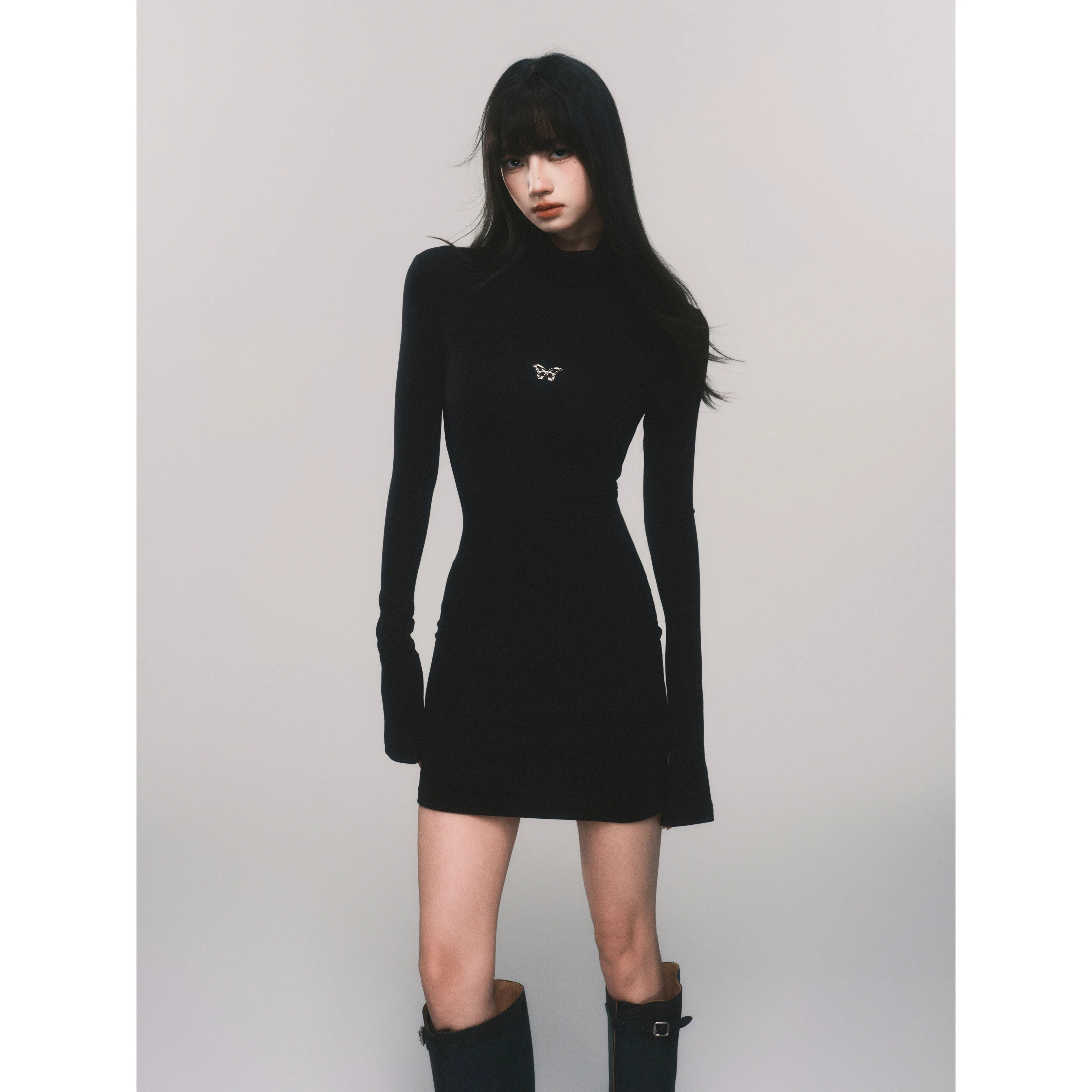 Slim-Fit Turtleneck Flared-Sleeve Knit Dress
