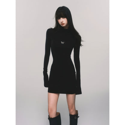 Slim-Fit Turtleneck Flared-Sleeve Knit Dress