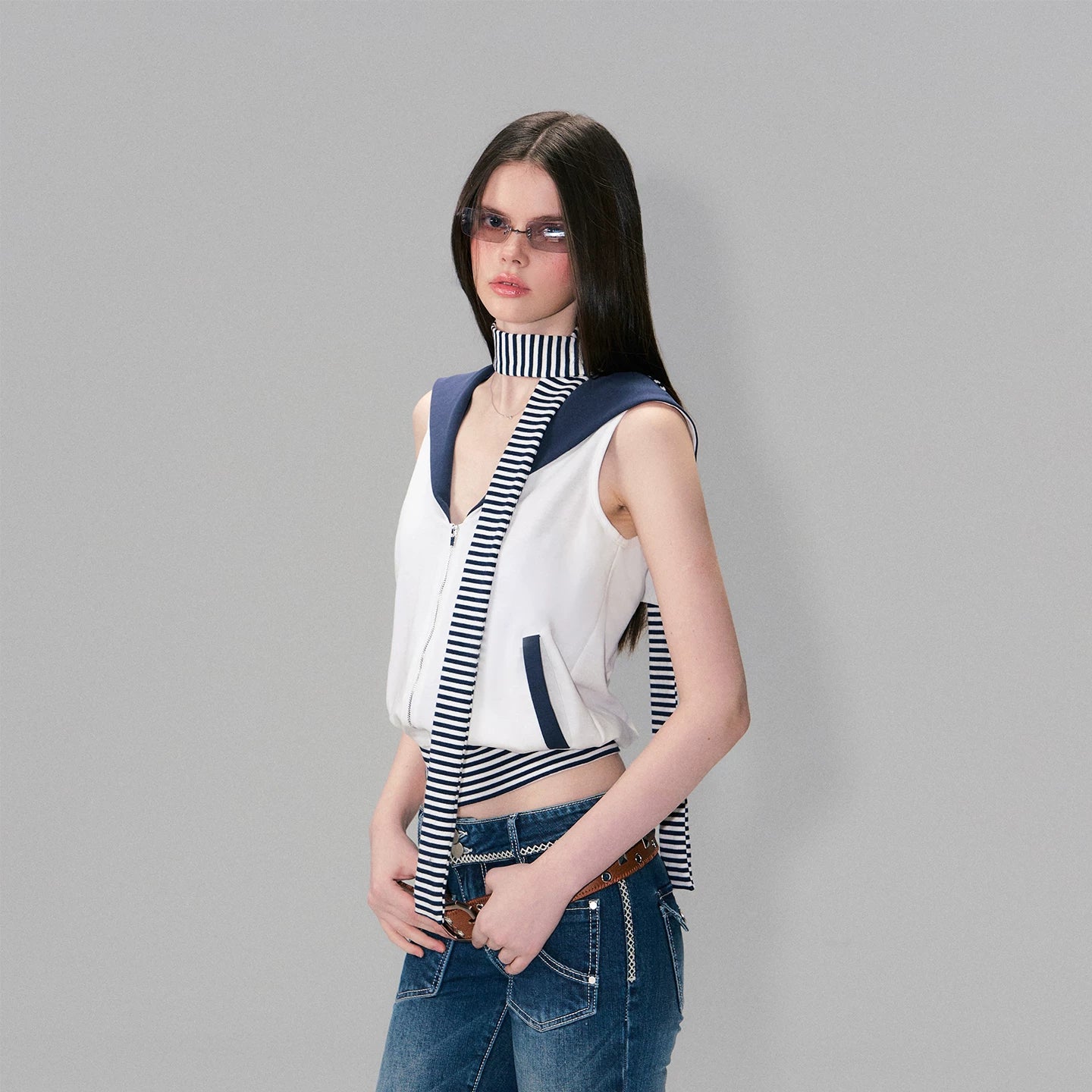 Color-Block Nautical Sailor Collar Sleeveless Top