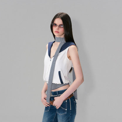Color-Block Nautical Sailor Collar Sleeveless Top
