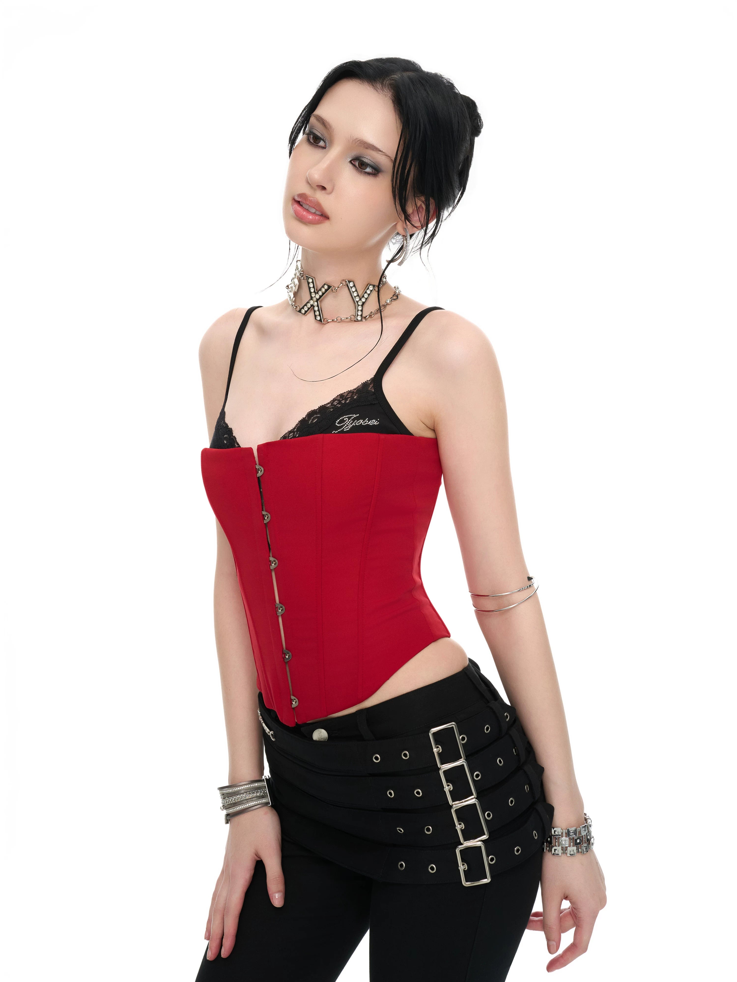 Crimson Lace Panel Hook Corset Camisole Top
