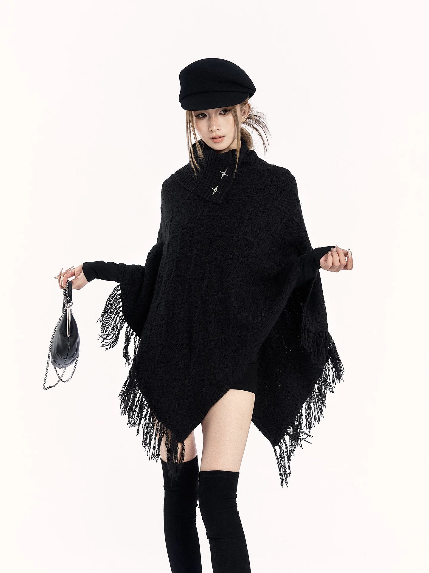 Asymmetric Knit Cape Turtleneck Sweater