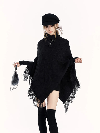 Asymmetric Knit Cape Turtleneck Sweater