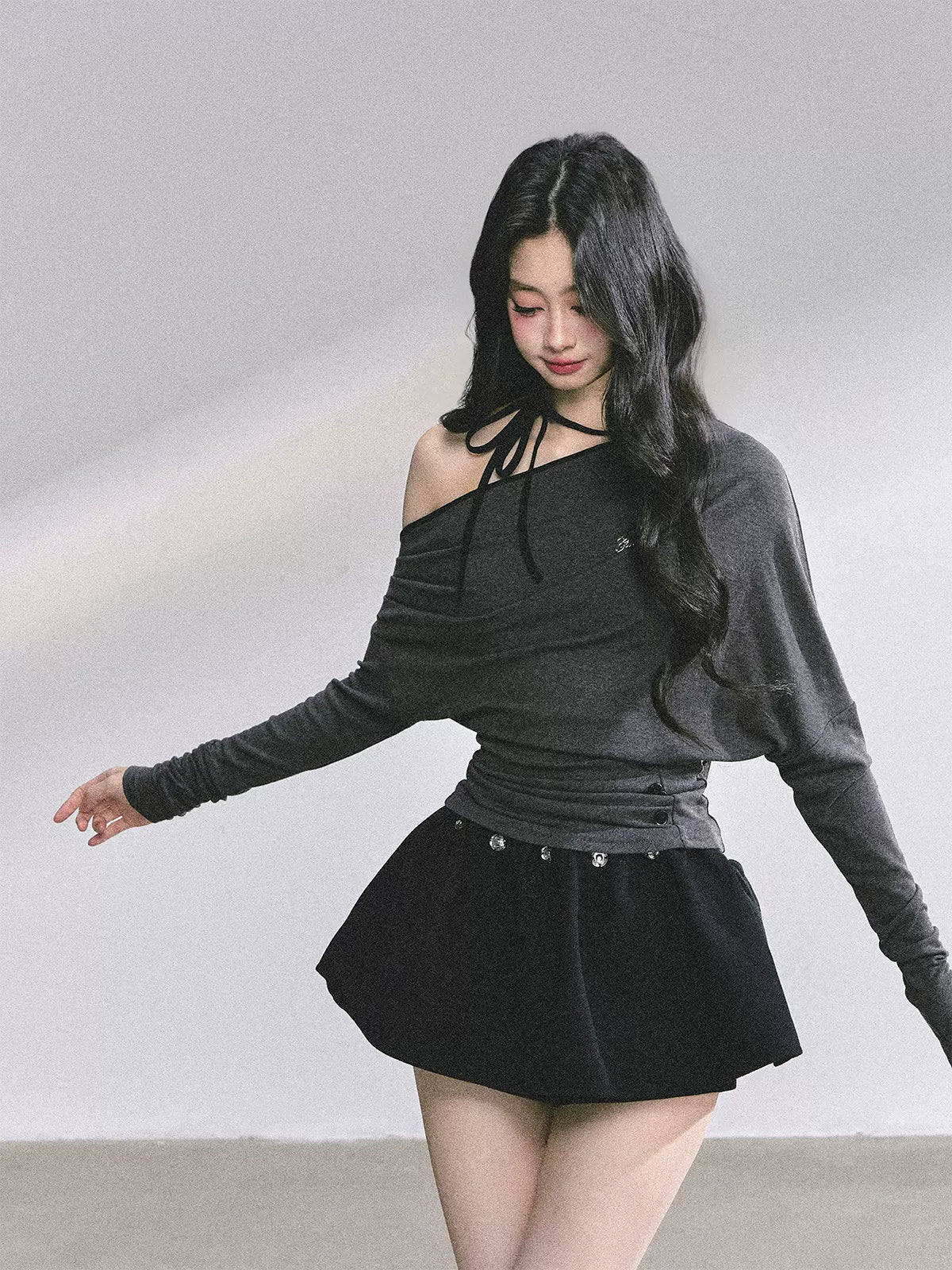 Off-Shoulder Halter Long-Sleeve T-Shirt