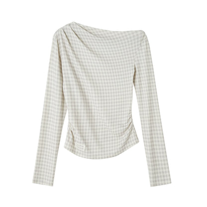 Velvet-Touch Plaid Draped Off-Shoulder Long Sleeve T-Shirts