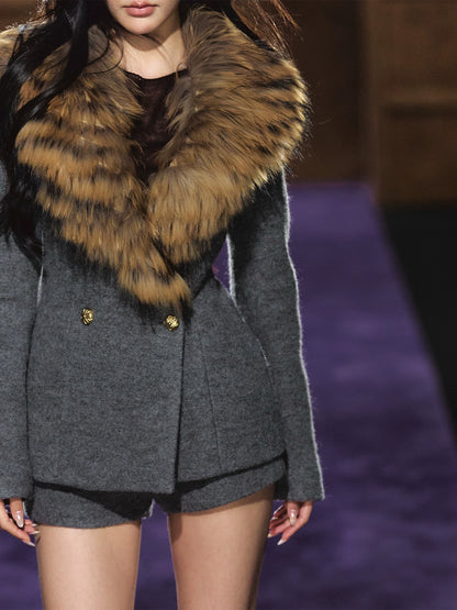 Detachable Fur Collar Wool Tailored Blazer &amp; Shorts Set