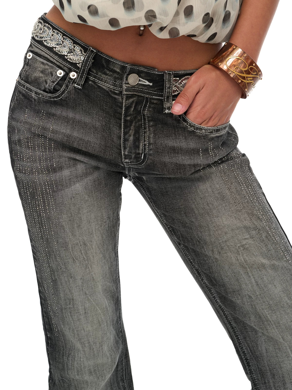 Vintage Embellished Flared Stretch Denim Jeans