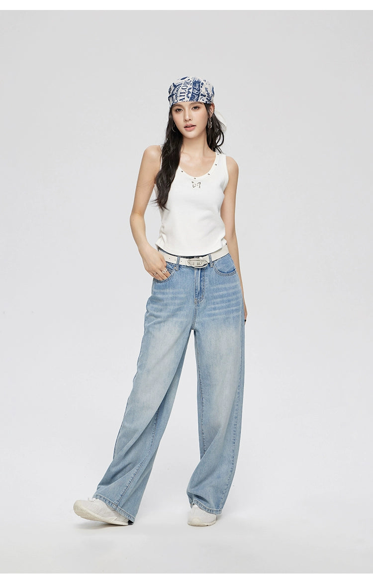 Blue Lyocell Tencel Jeans Wide-Leg Pants