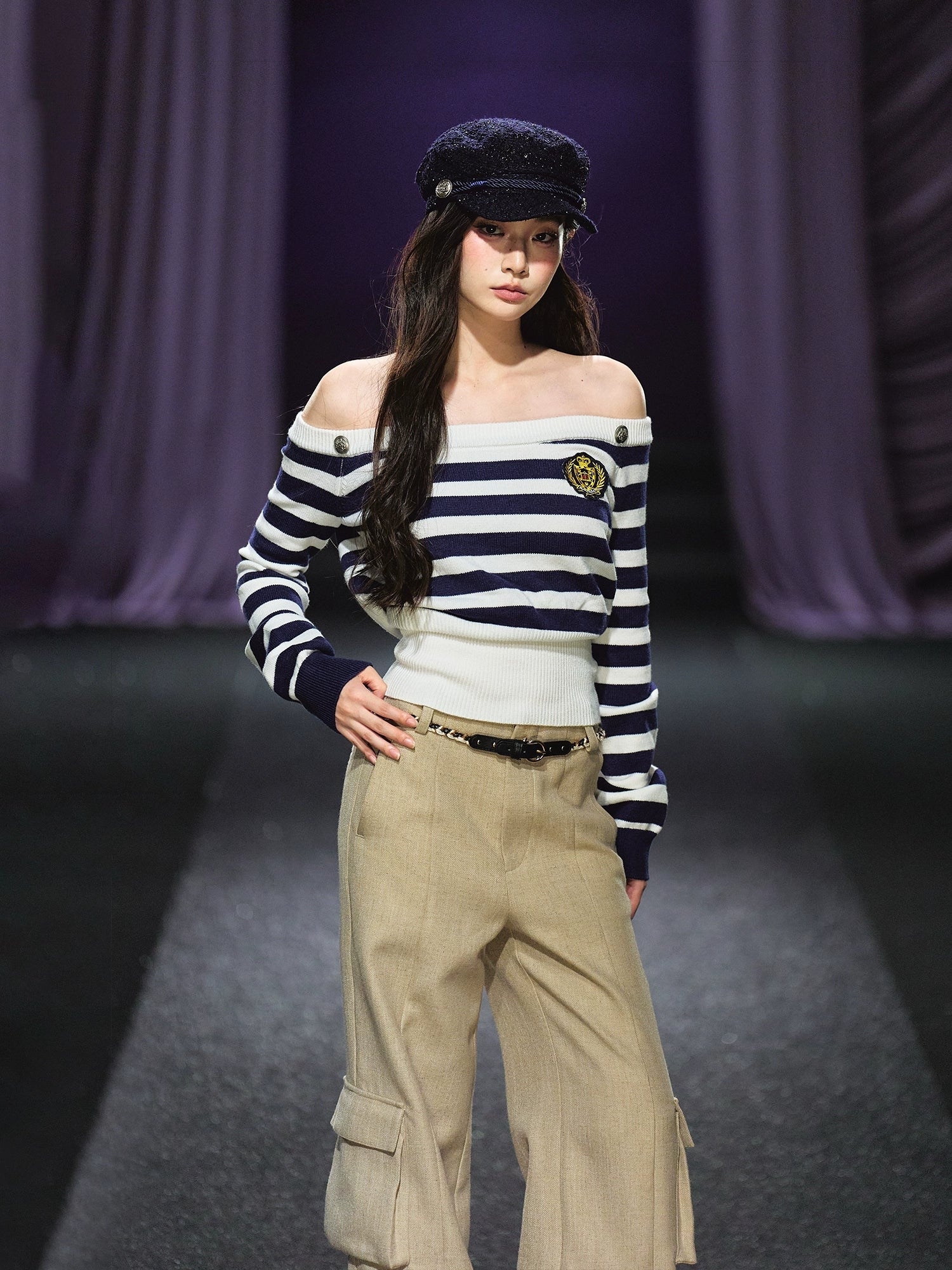 Nautical Stripe Off-Shoulder Knit Sweater
