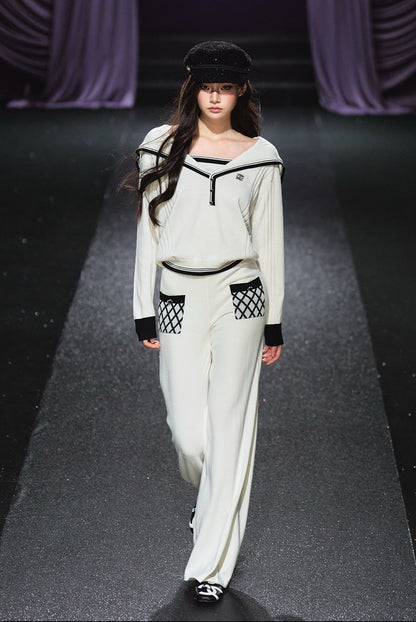 Sailor V-neck pullover &amp; Quilted Straight Pants Set