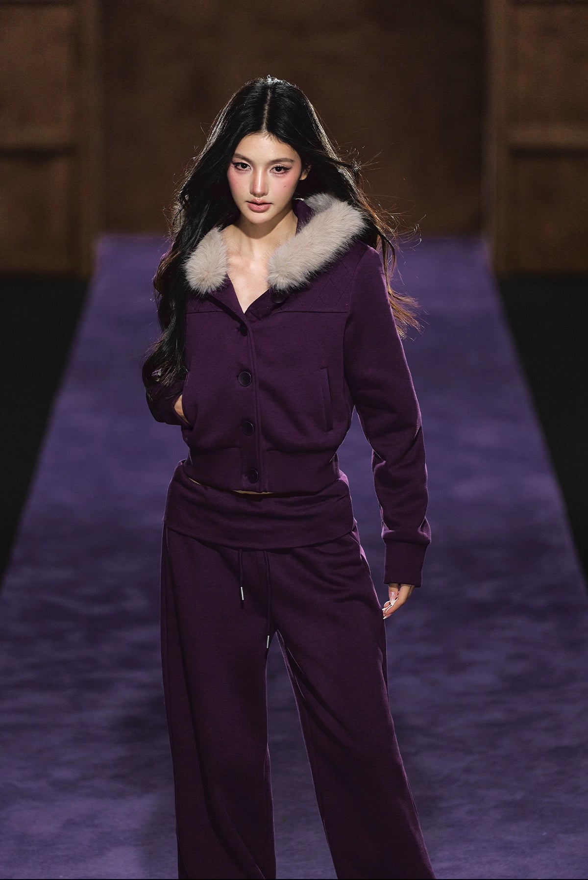 Faux Fur Hooded Cropped Hoodie &amp; Jogger Set