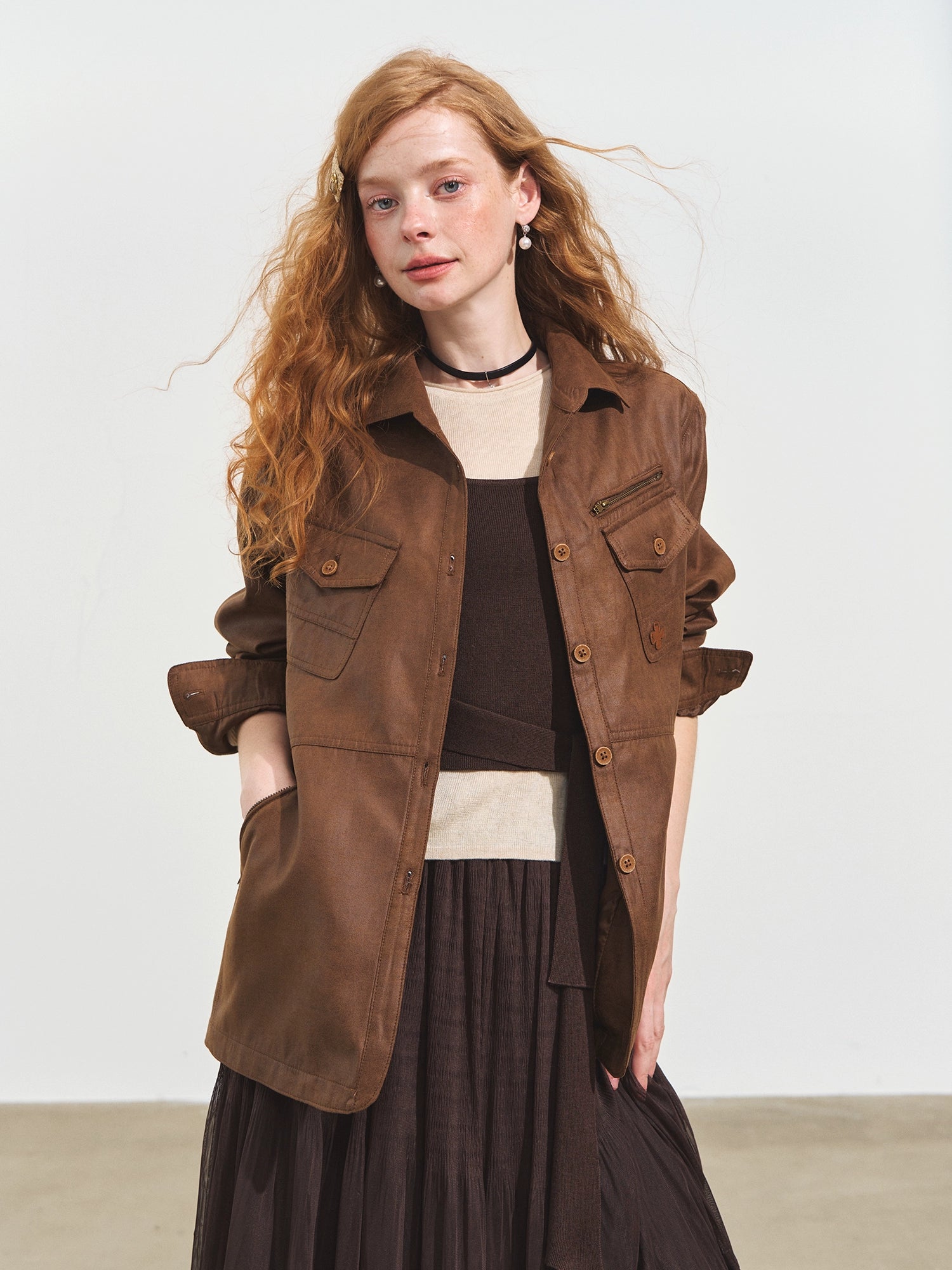 Multi-Pocket Suede Utility Jacket