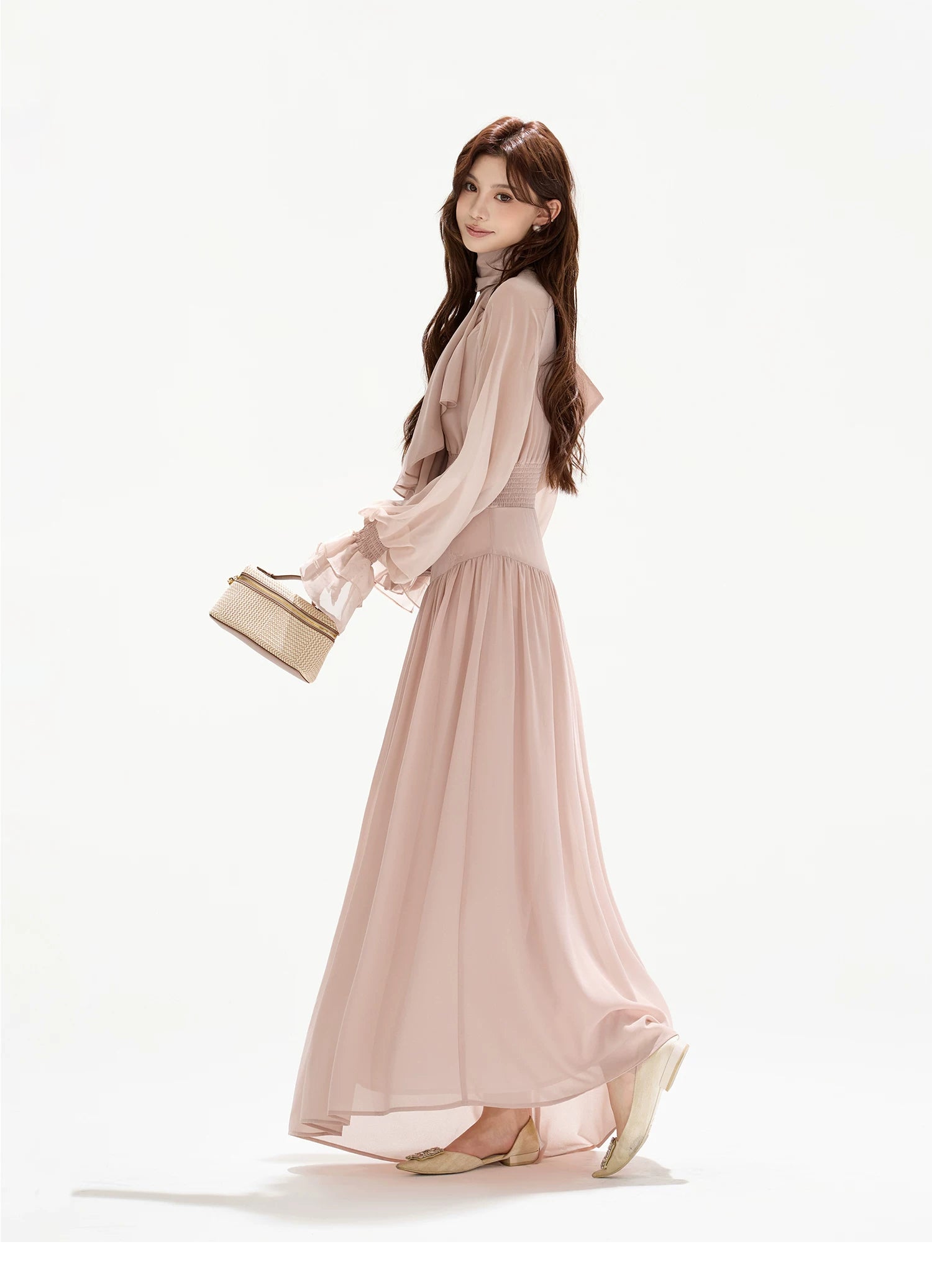 V-Neck Lantern Sleeve Maxi Dress