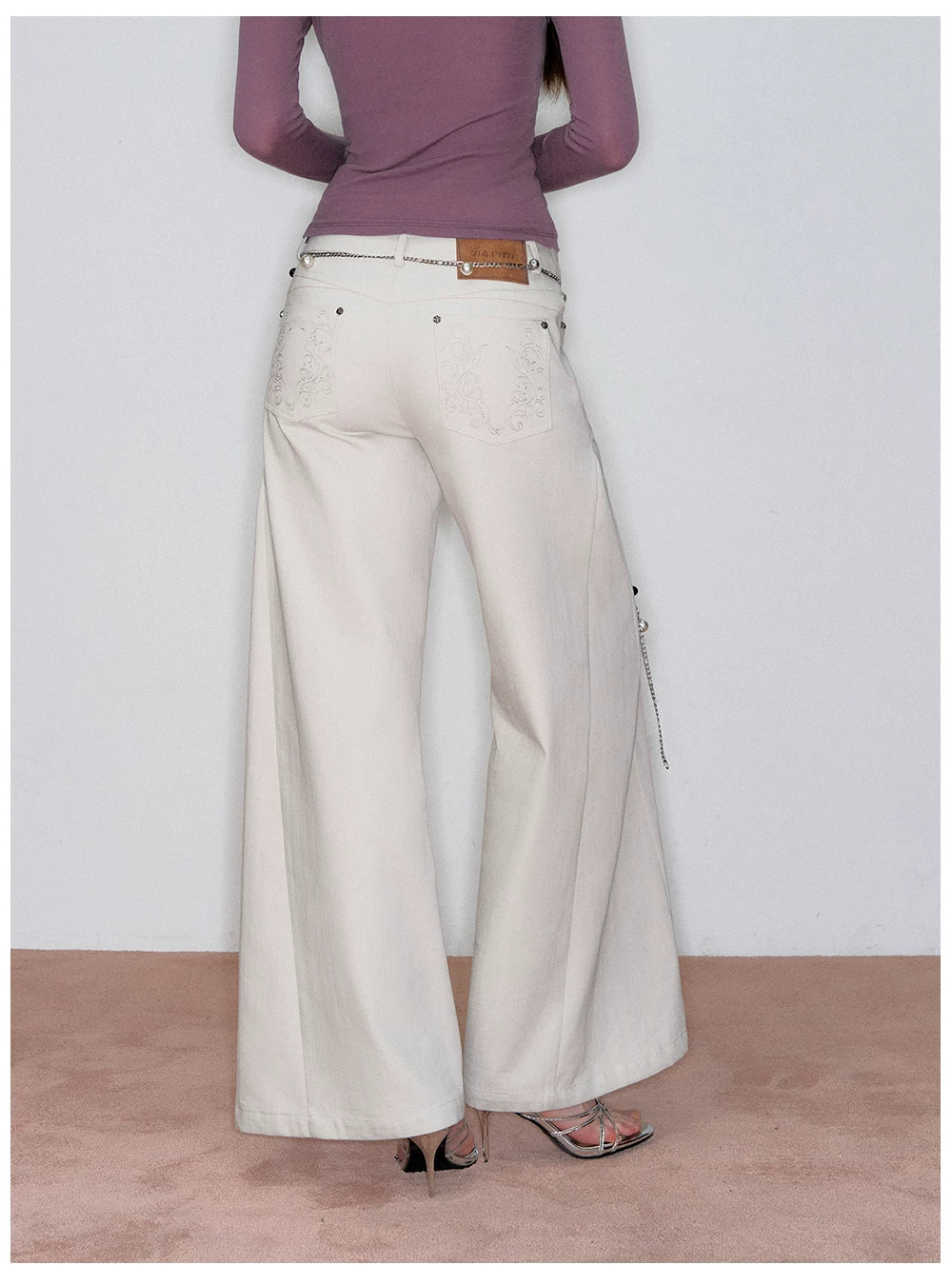 Wave-Embroidered Wide-Leg Straight Pants
