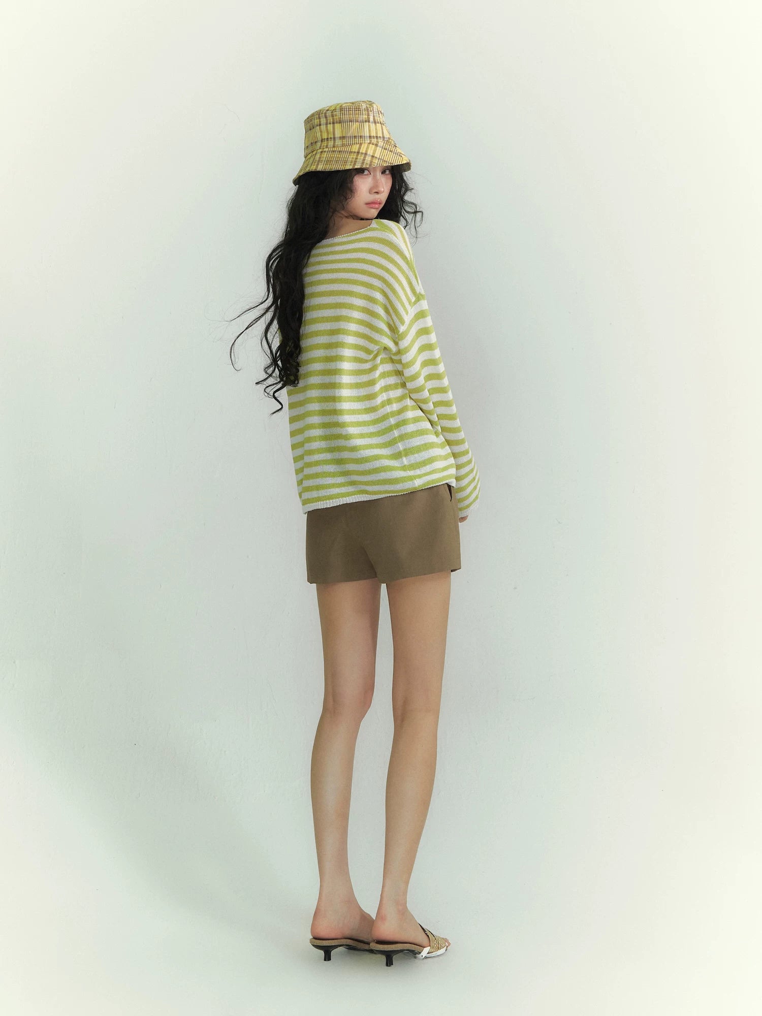 Washi Yarn Striped Off-Shoulder Long Sleeve Knit Top