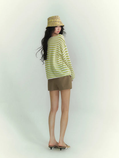 Washi Yarn Striped Off-Shoulder Long Sleeve Knit Top