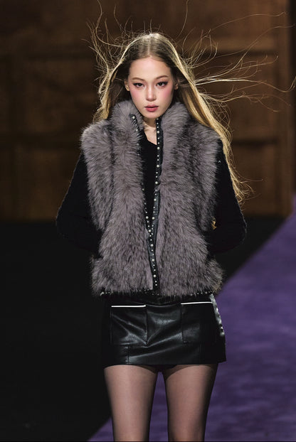 Beaded Faux Fur Layered Vest