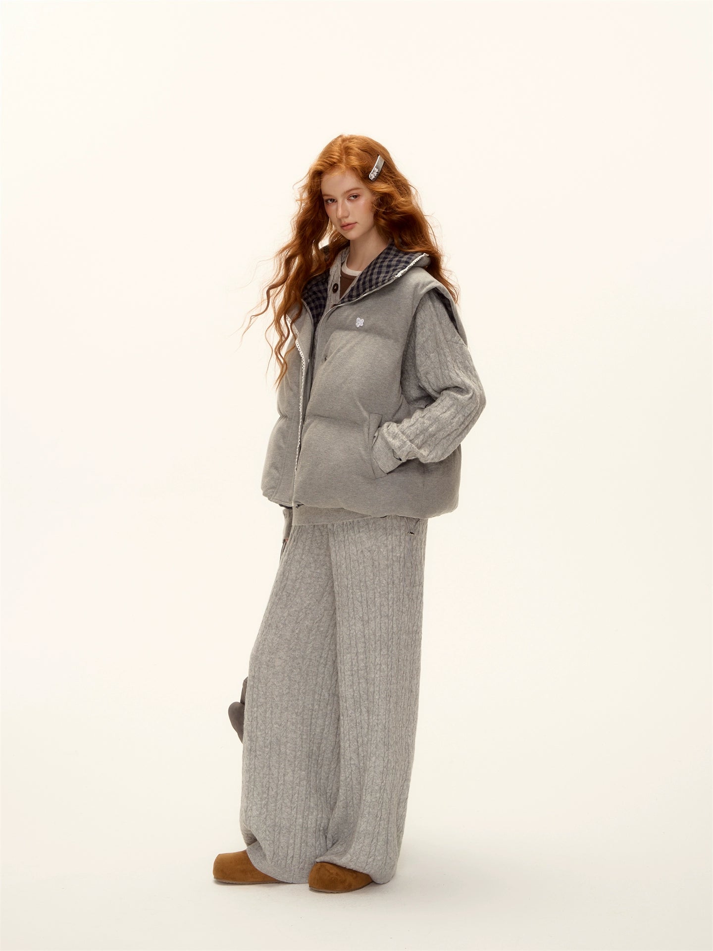Wool Blend Cable-Knit Hoodie &amp; Wide-Leg Pants Set