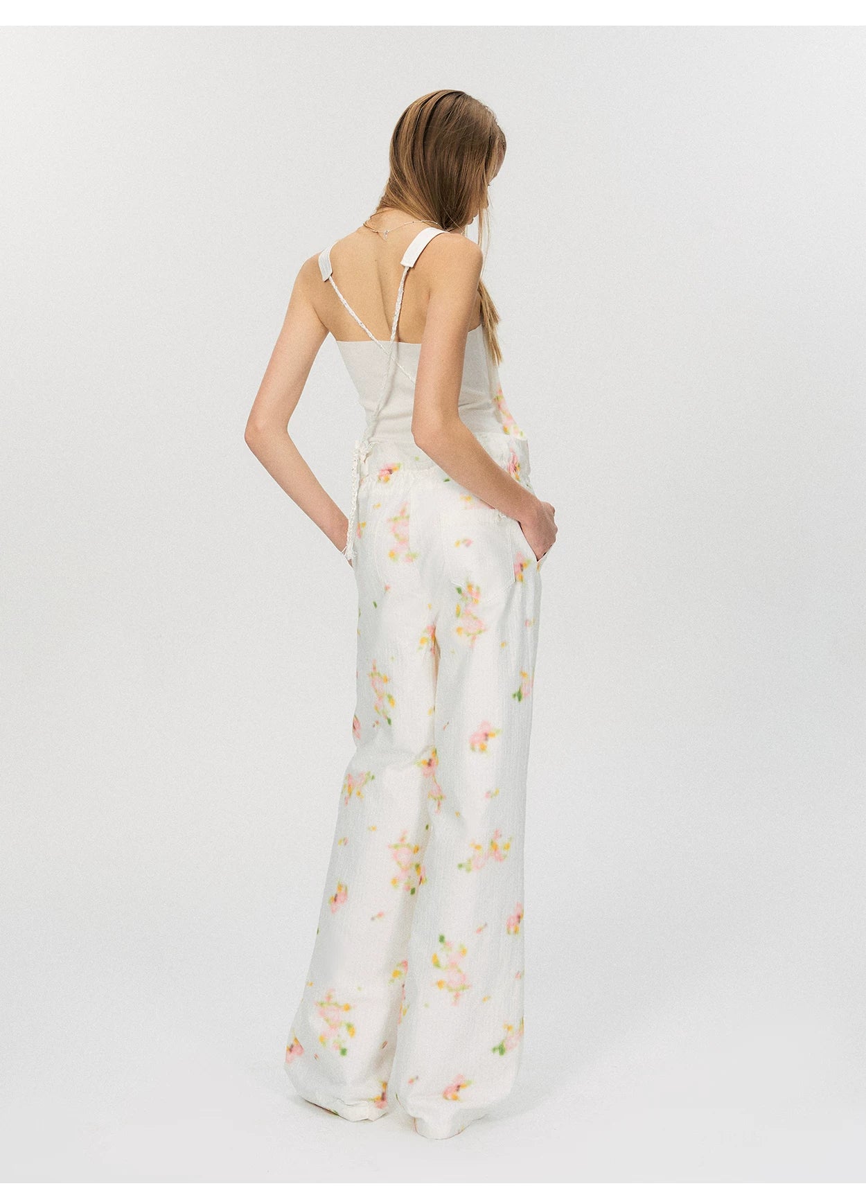 Vintage Soft-Blur Floral Backless Strap Jumpsuit