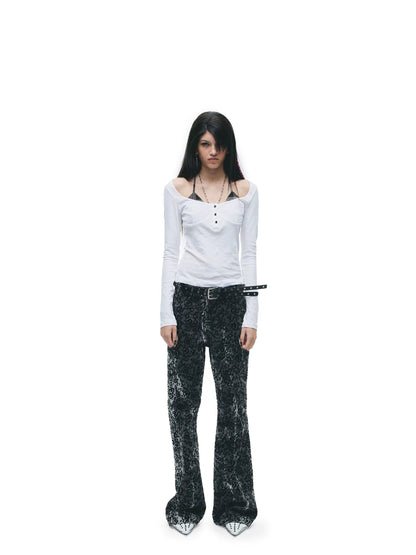 Y2K Grunge Washed Off-Shoulder Layered Long Sleeve Top