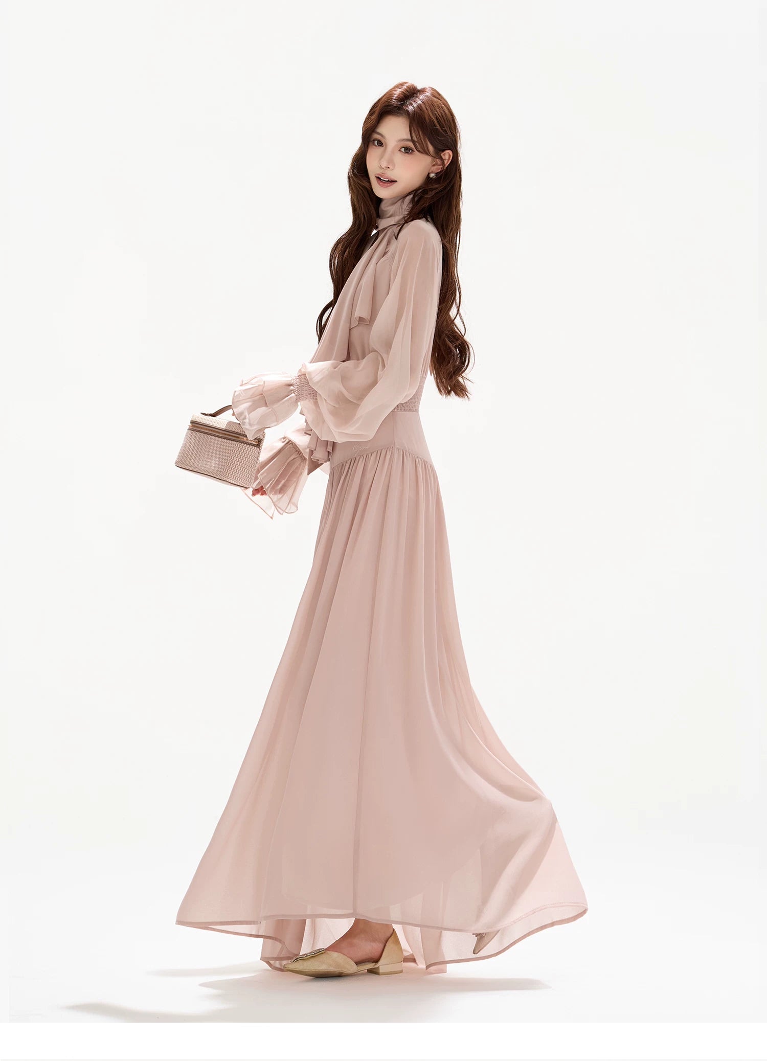 V-Neck Lantern Sleeve Maxi Dress