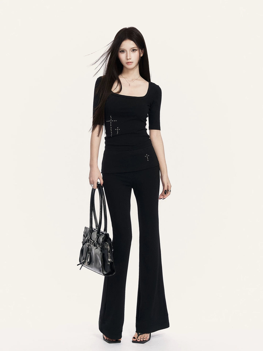 Square Neck Cropped Tee &amp; Flare Pants Set