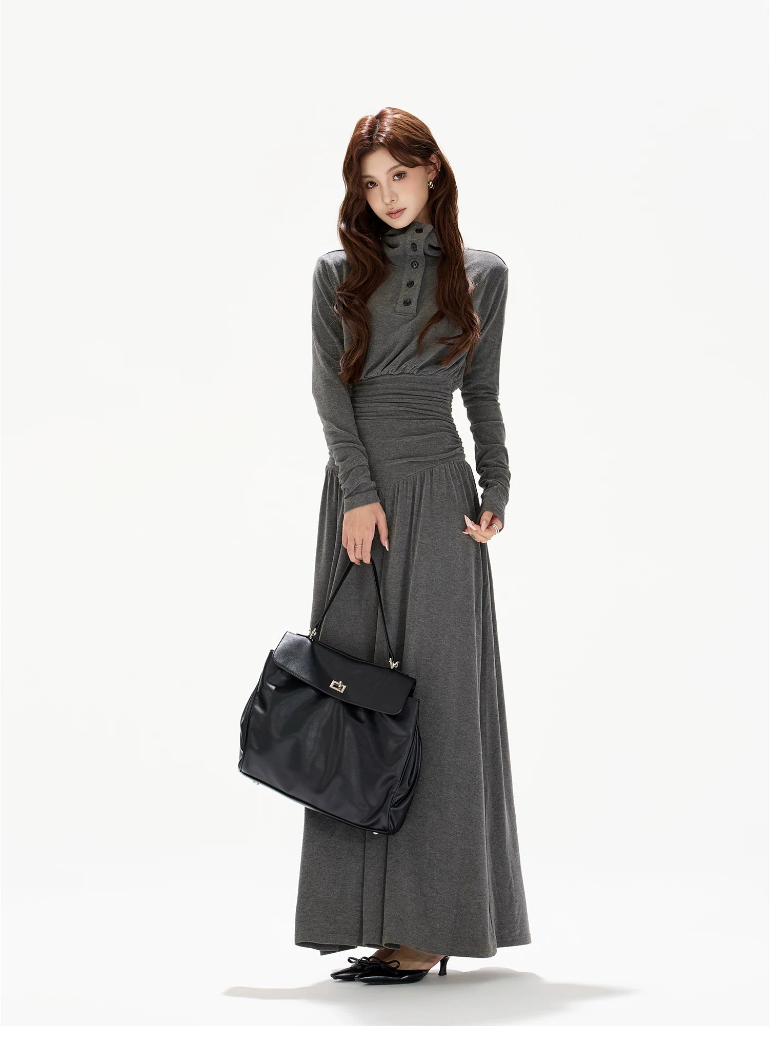 Pleated Waist-Defining A-Line Maxi Dress