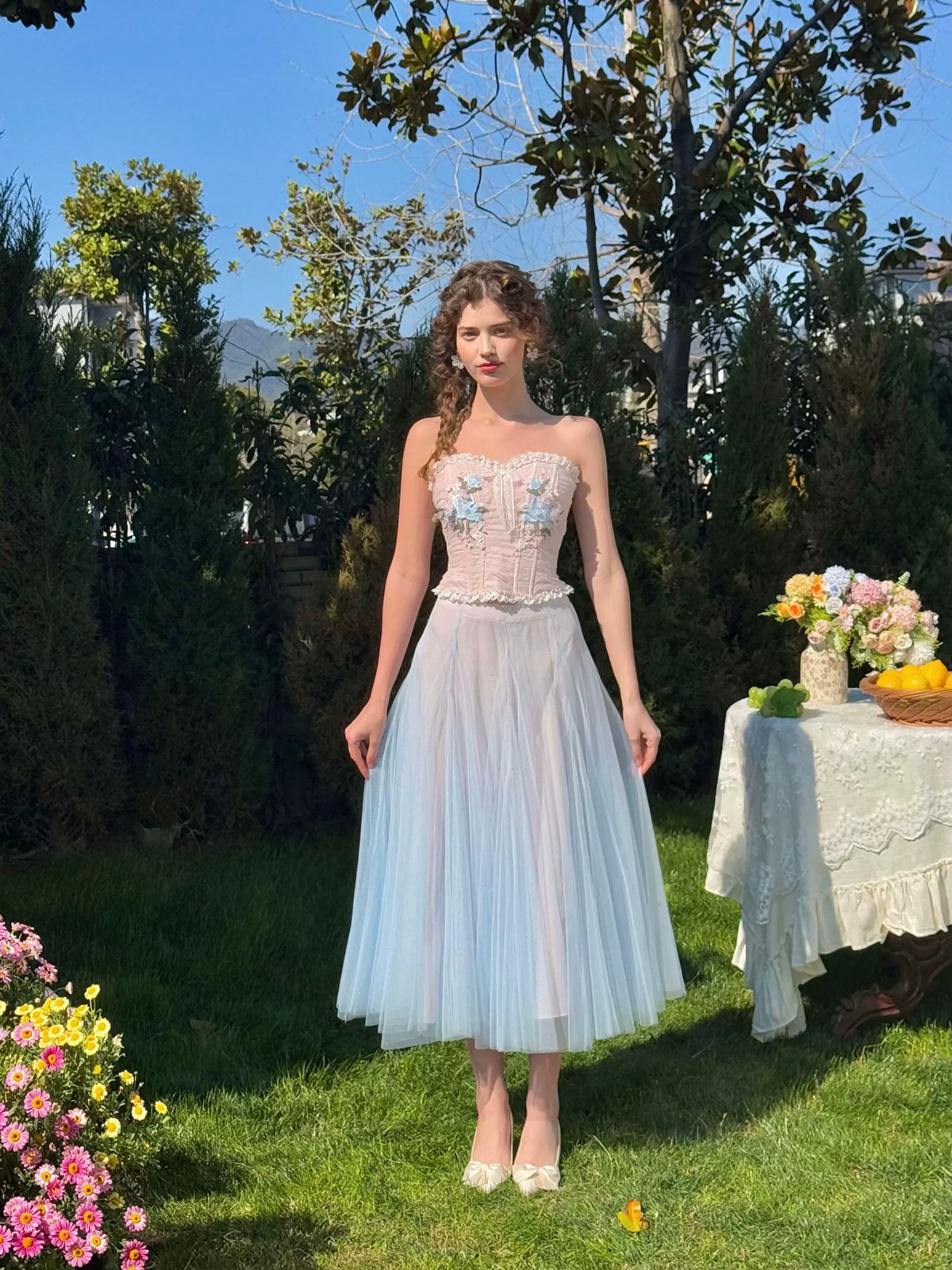 Blue Lily Strapless Corset Top &amp; Mesh Skirt Set