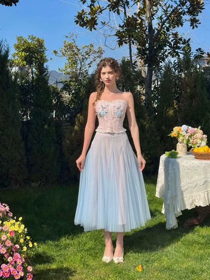 Blue Lily Strapless Corset Top &amp; Mesh Skirt Set