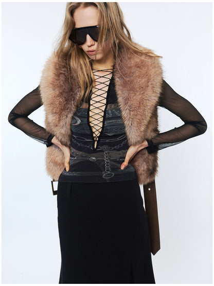 Original Print Mesh Patchwork Tie-Up Base Layer Top