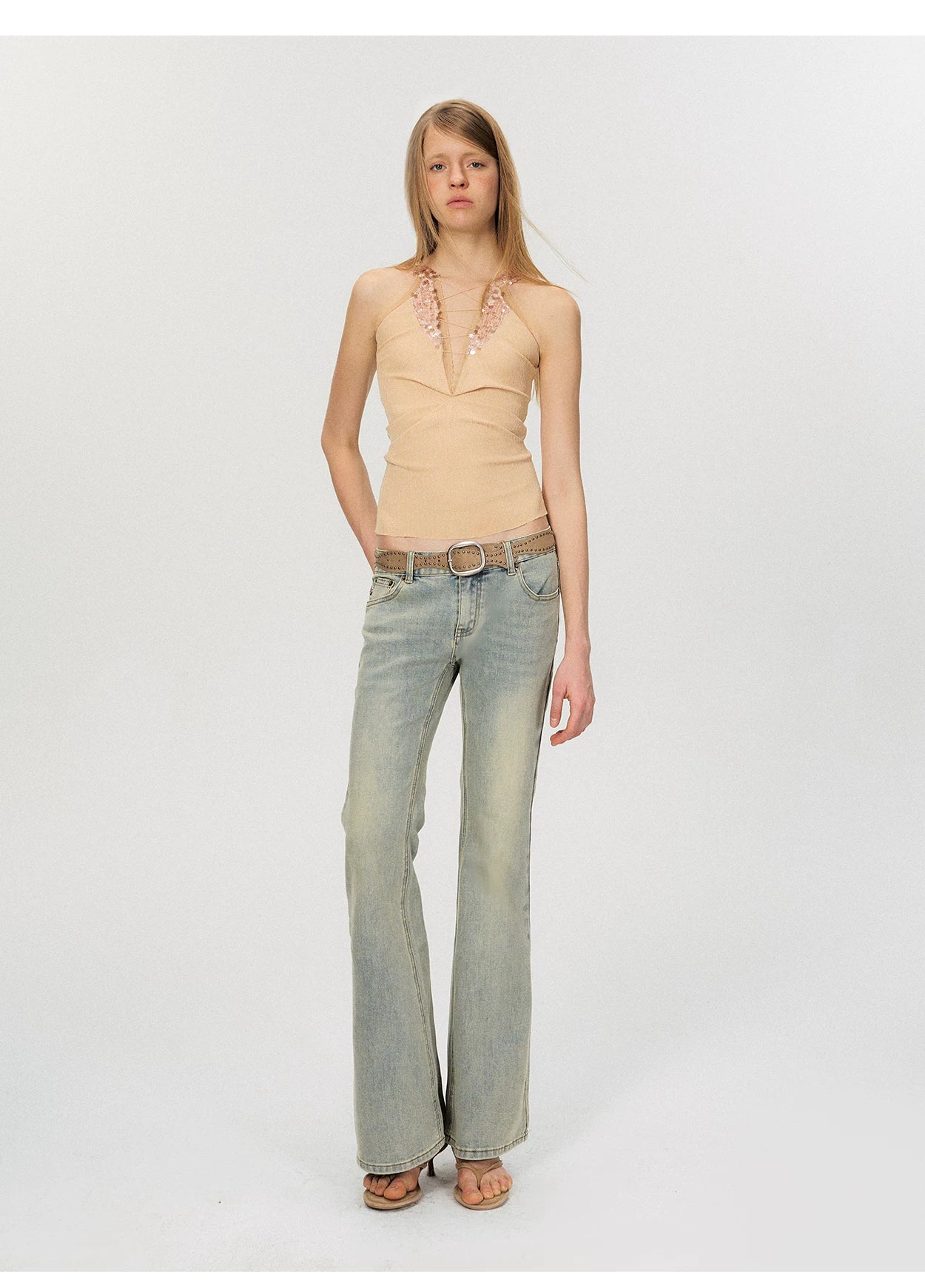 Vintage Washed Low-Rise Flared Denim Jeans