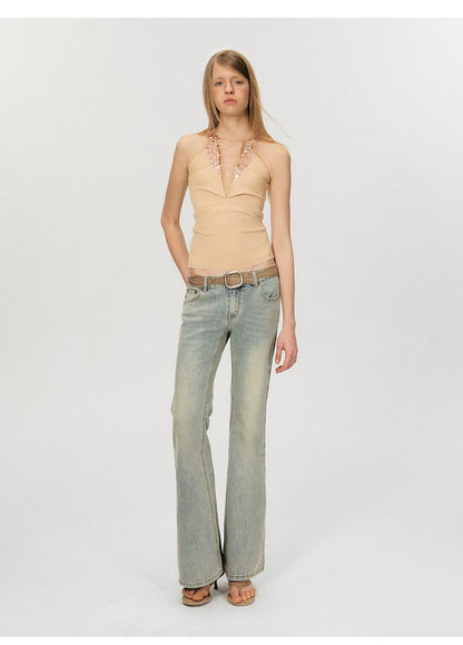 Vintage Washed Low-Rise Flared Denim Jeans