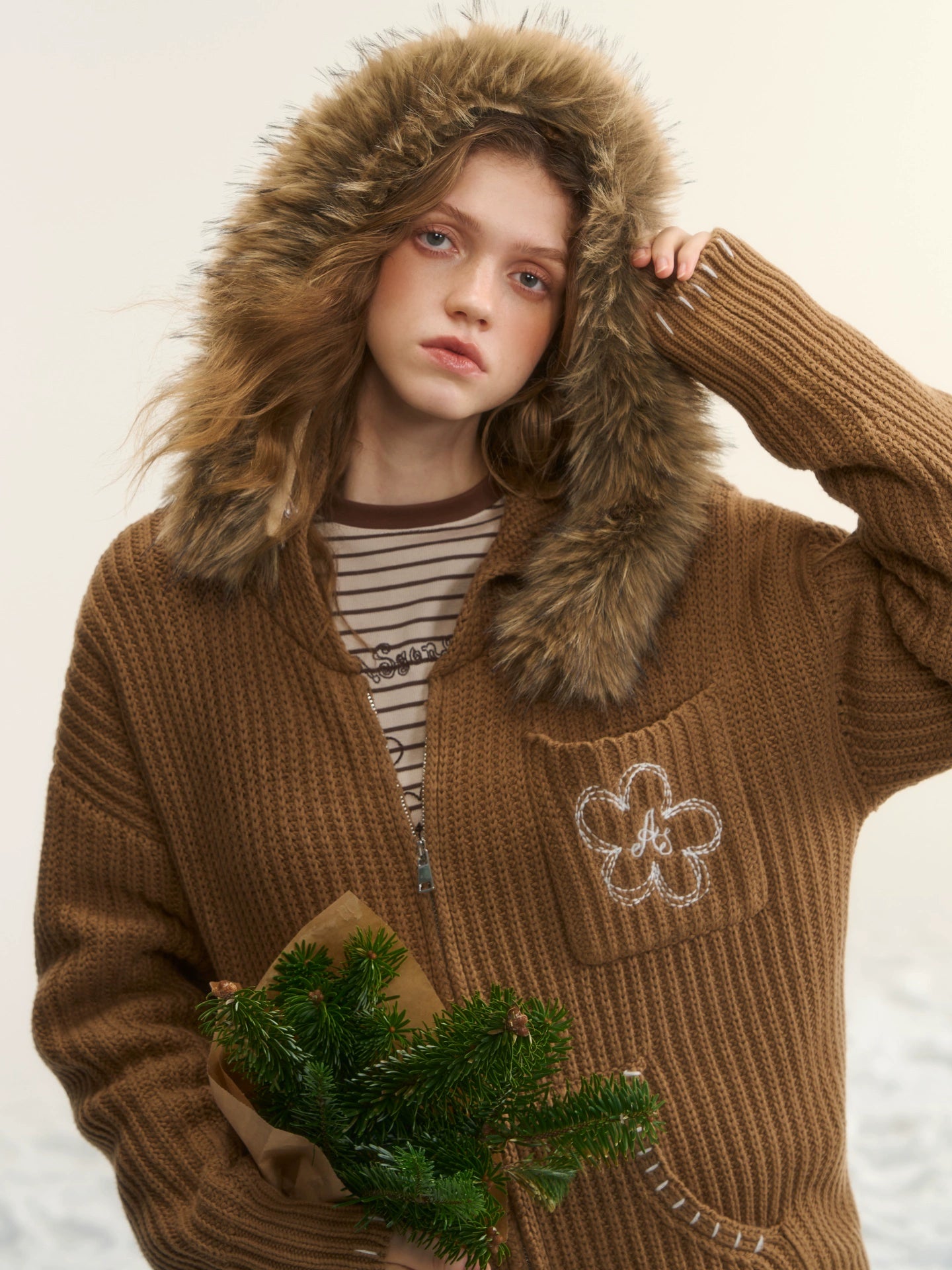 Embroidered Knit Zip-Up Hoodie Cardigan