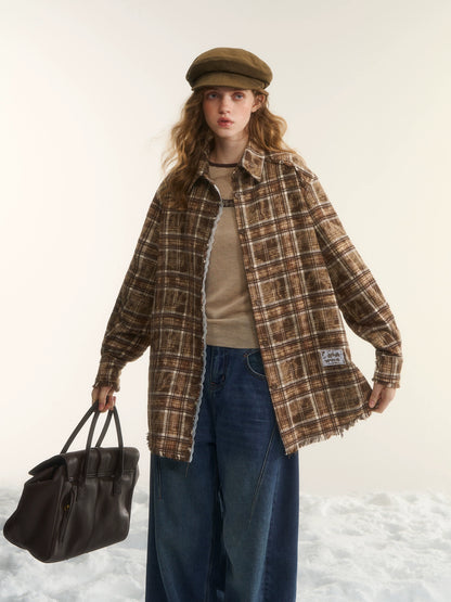 Oversized Lace-Trim Patchwork Plaid Shirt