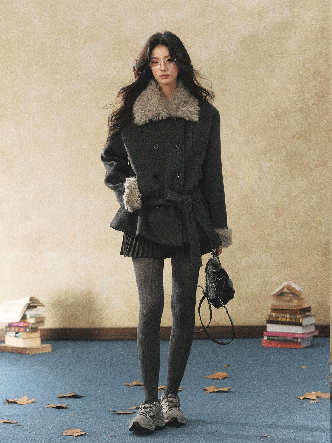 Fur Collar Tie-Waist Wool-Blend Jacket