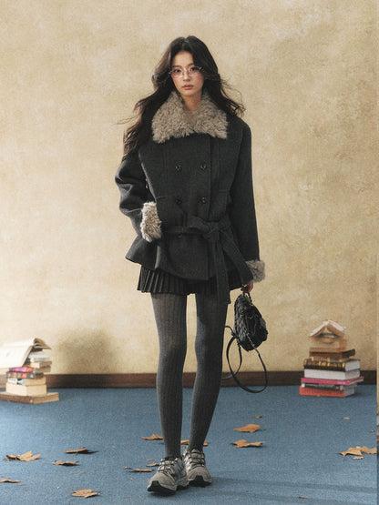 Fur Collar Tie-Waist Wool-Blend Jacket