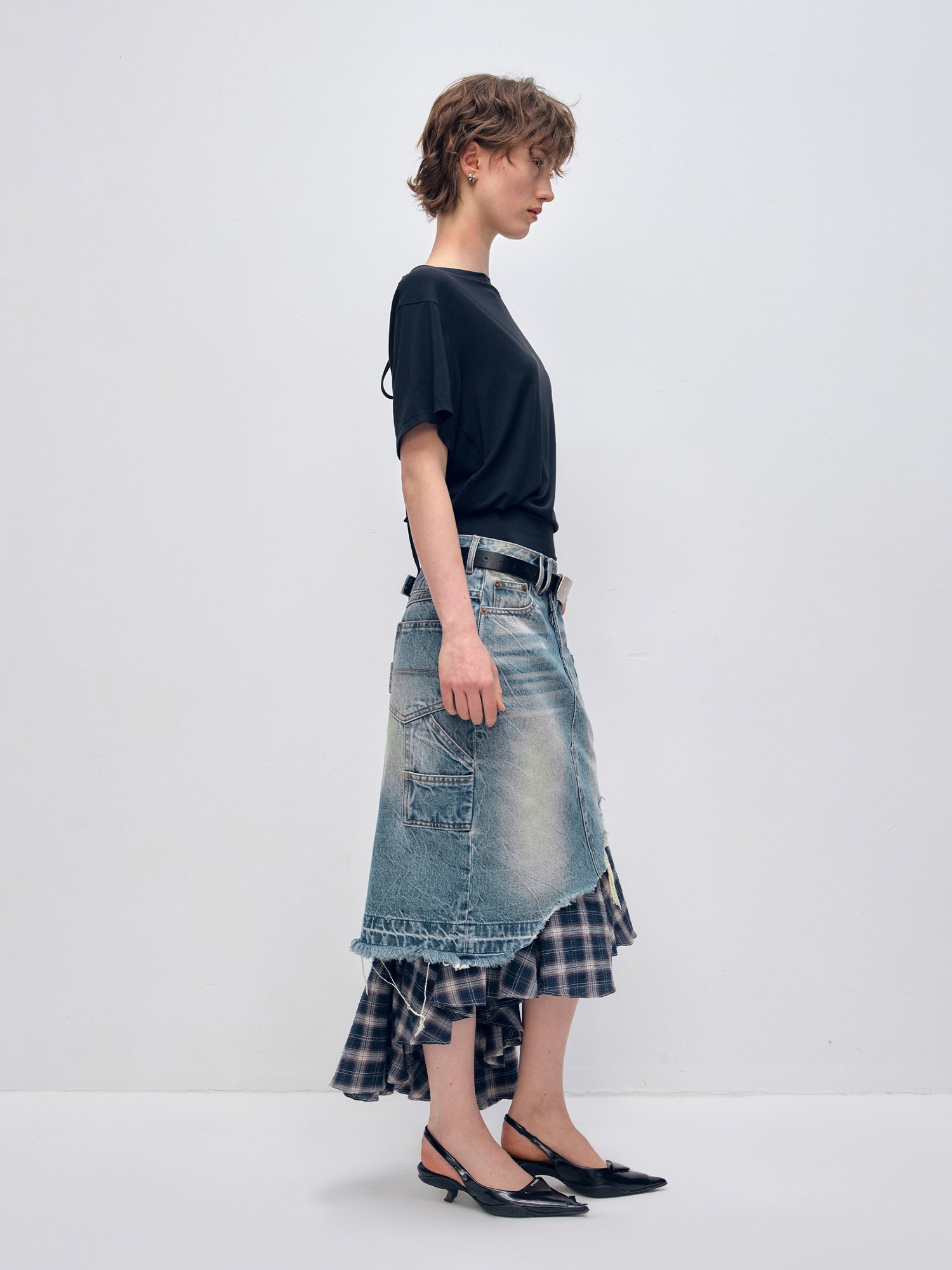 Irregular Denim Patchwork Plaid Fish Tail Skirt